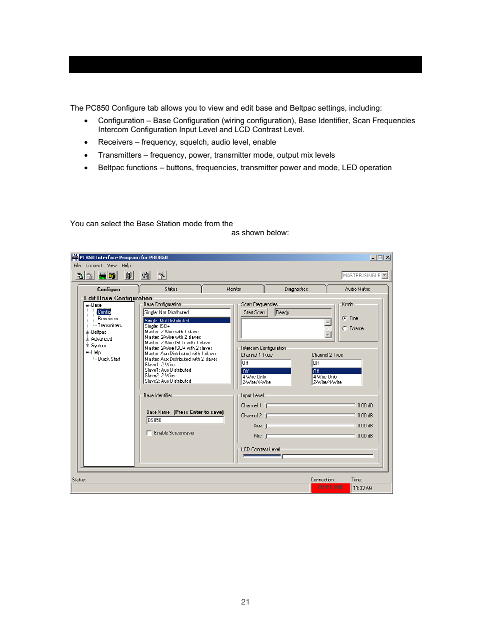 Section 5, Pc850 base configuration, Pc850 base configuration settings | Base station mode configuration | Clear-Com BS850 (Last time buy) User Manual | Page 24 / 61