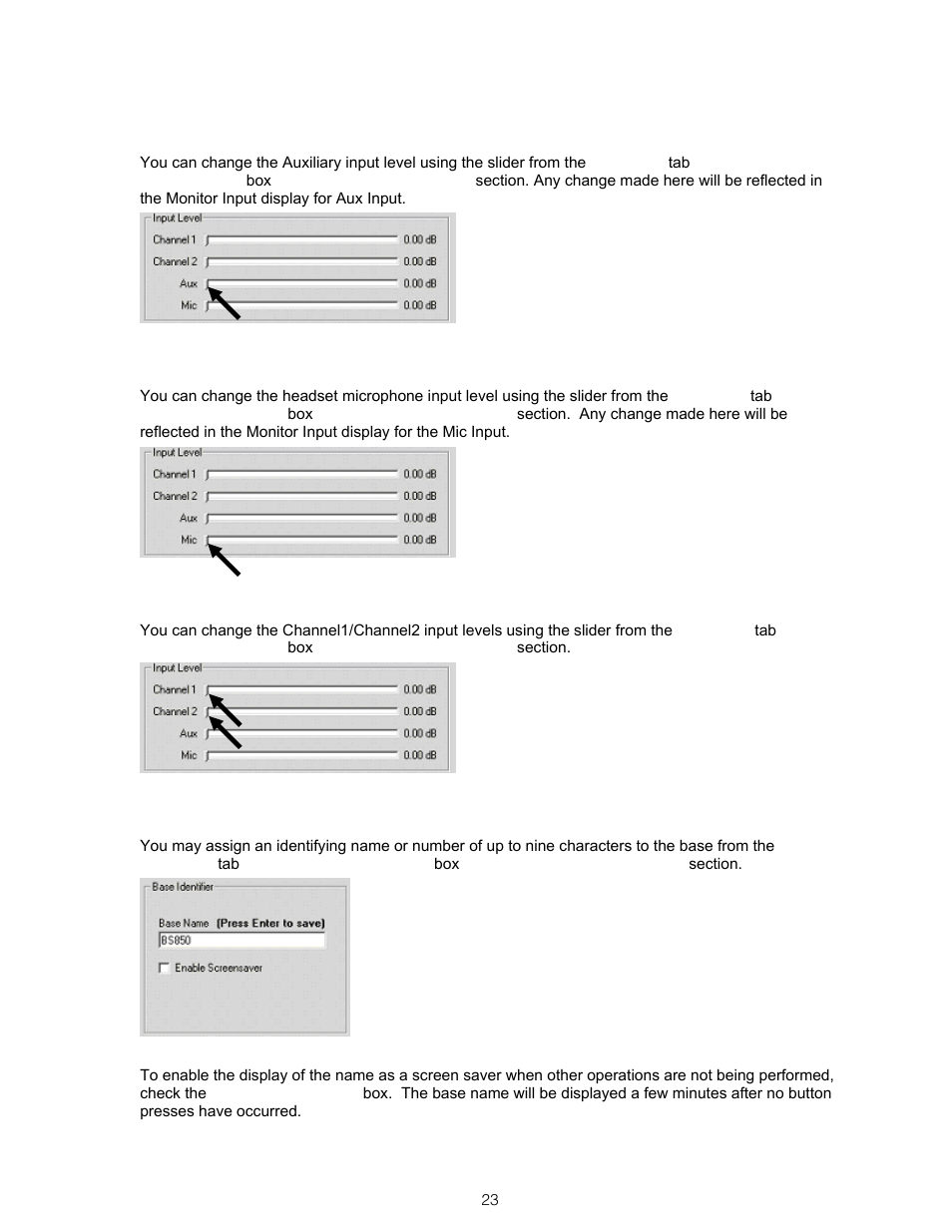 Base station auxiliary input level, Base station microphone input level, Base station intercom input levels (ch1 & ch2) | Base station name | Clear-Com BS850 (Last time buy) User Manual | Page 26 / 61