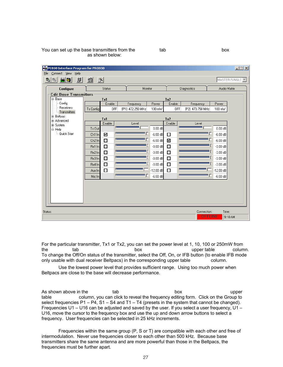 Base transmitter settings, Base station transmitter power, Base station transmitter frequency | Clear-Com BS850 (Last time buy) User Manual | Page 30 / 61