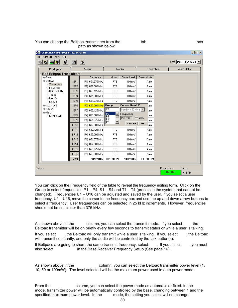 Beltpac transmitter frequency, Beltpac transmitter mode, Beltpac transmitter power level | Beltpac transmitter power mode | Clear-Com BS850 (Last time buy) User Manual | Page 33 / 61