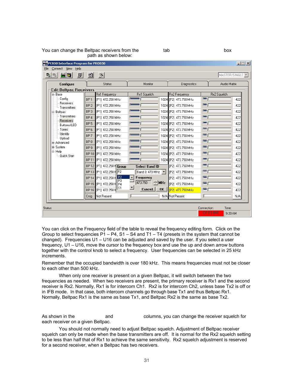 Beltpac receiver frequency, Beltpac receiver squelch level | Clear-Com BS850 (Last time buy) User Manual | Page 34 / 61