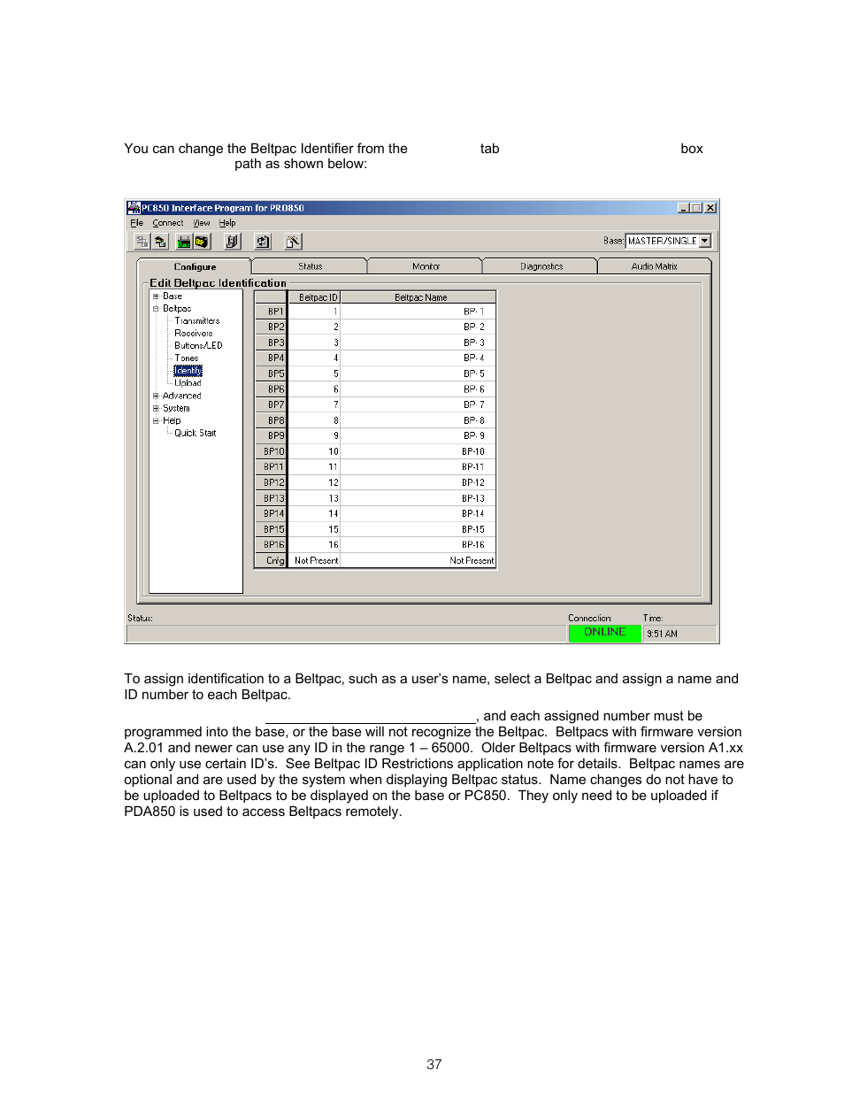 Beltpac user identifier settings | Clear-Com BS850 (Last time buy) User Manual | Page 40 / 61