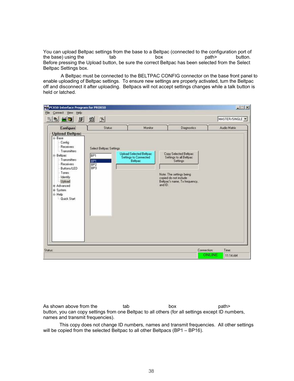 Upload beltpac settings, Copy beltpac settings | Clear-Com BS850 (Last time buy) User Manual | Page 41 / 61