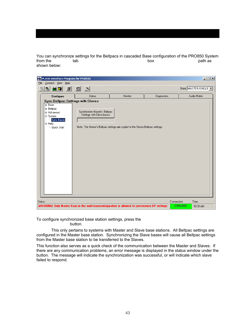 Section 8, Pc850 synchronize bases, Synchronize base station settings | Clear-Com BS850 (Last time buy) User Manual | Page 46 / 61