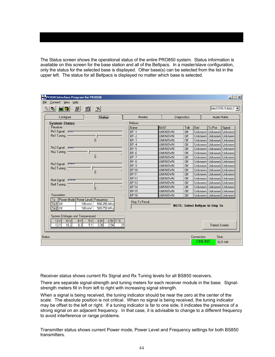 Section 9, Pc850 status, System status | Clear-Com BS850 (Last time buy) User Manual | Page 47 / 61