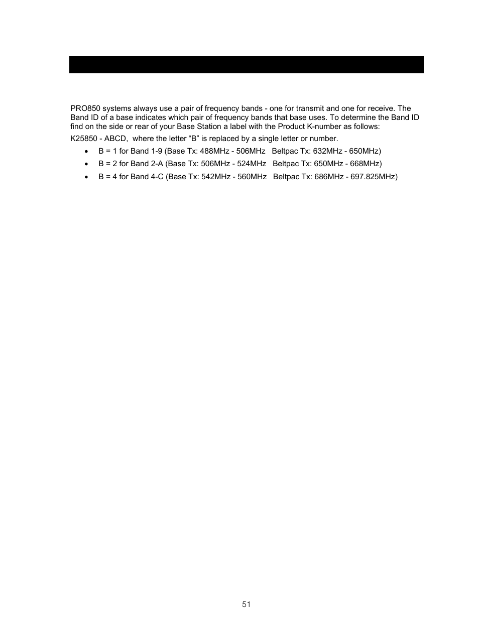 Section 14, Pro850 equipment data, Determining your base station’s band id | Clear-Com BS850 (Last time buy) User Manual | Page 54 / 61