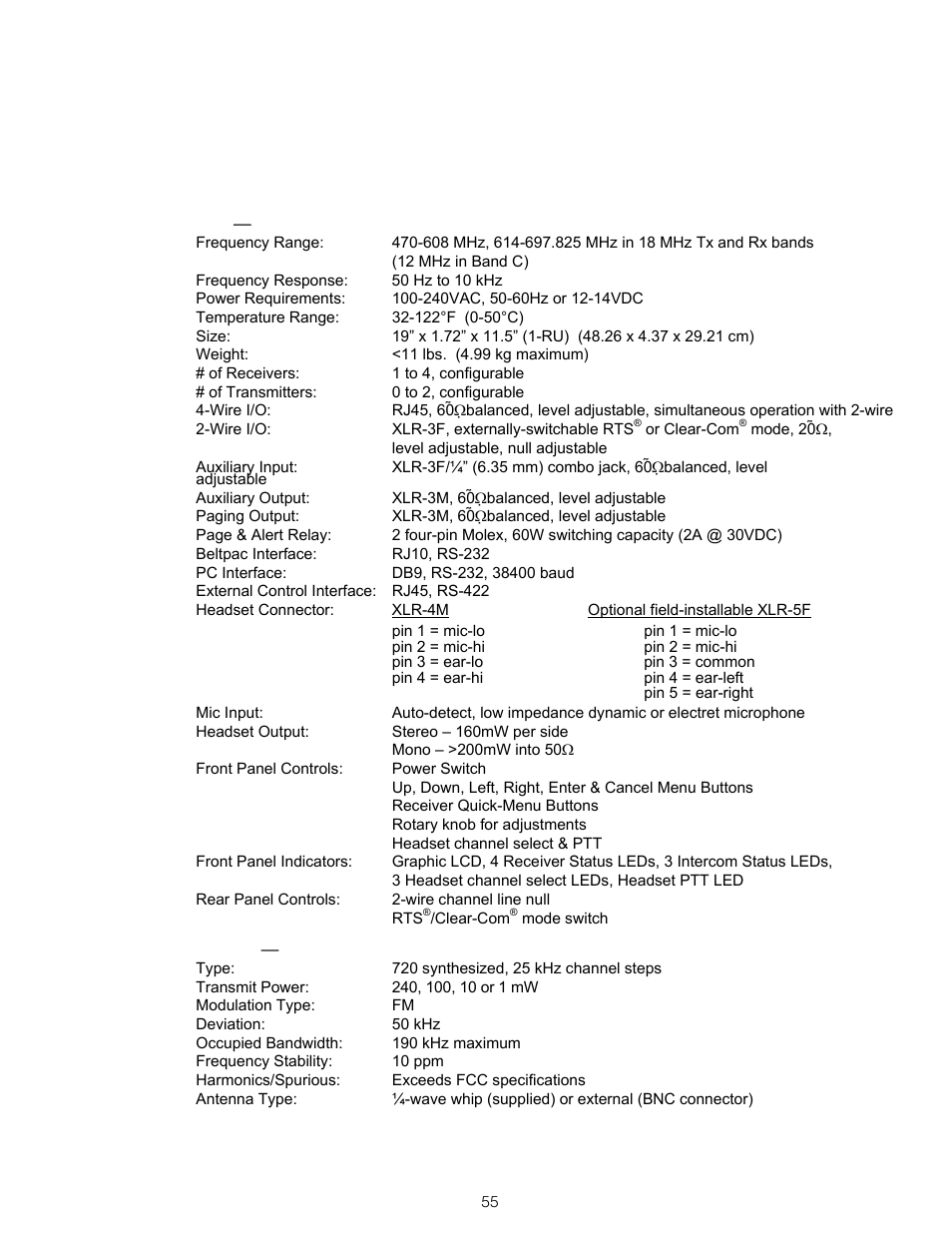 Equipment specifications | Clear-Com BS850 (Last time buy) User Manual | Page 58 / 61