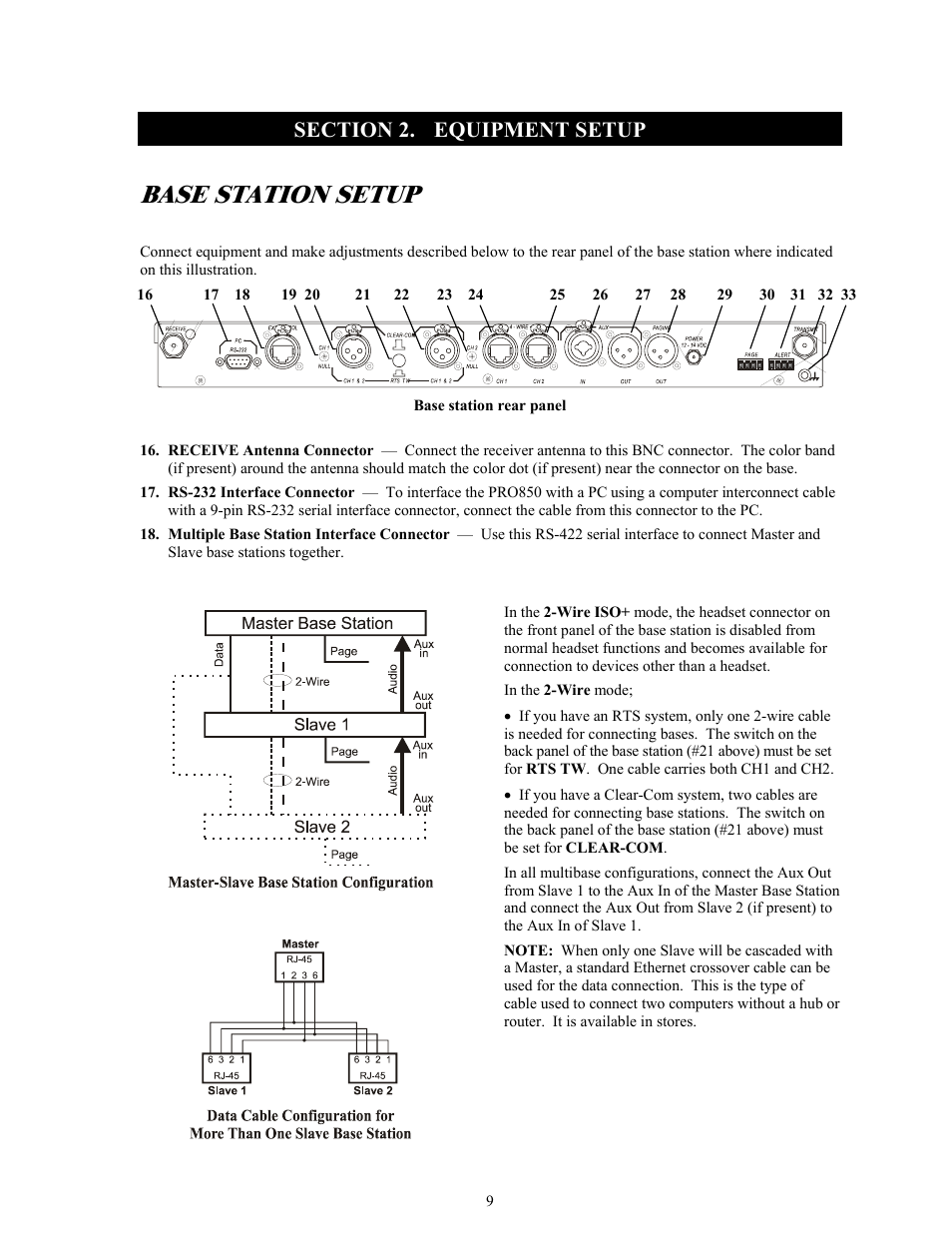 Equipment setup, Base station setup, Section 2 | Clear-Com BS850 (Last time buy) User Manual | Page 12 / 48