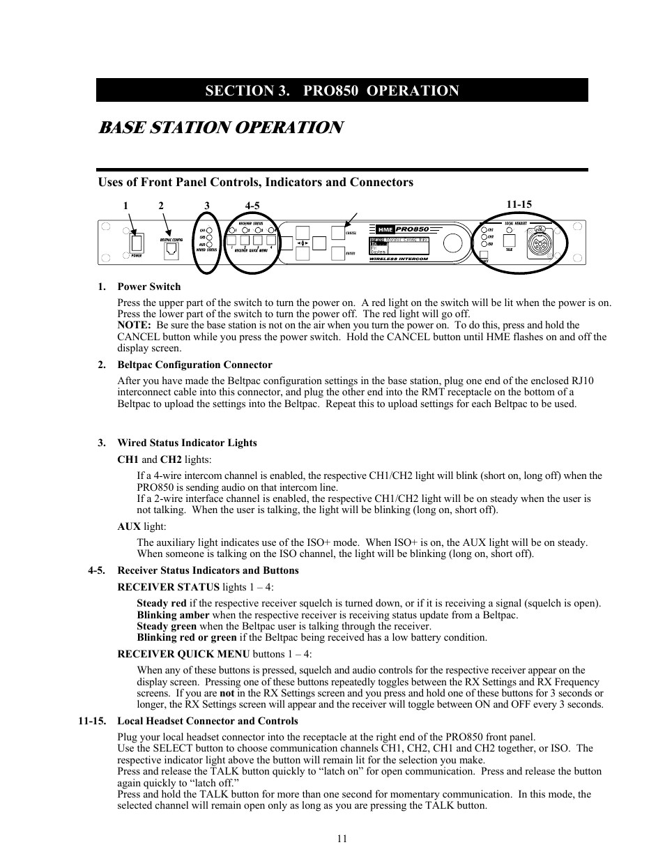 Pro850 operation, Base station operation, Section 3 | Clear-Com BS850 (Last time buy) User Manual | Page 14 / 48