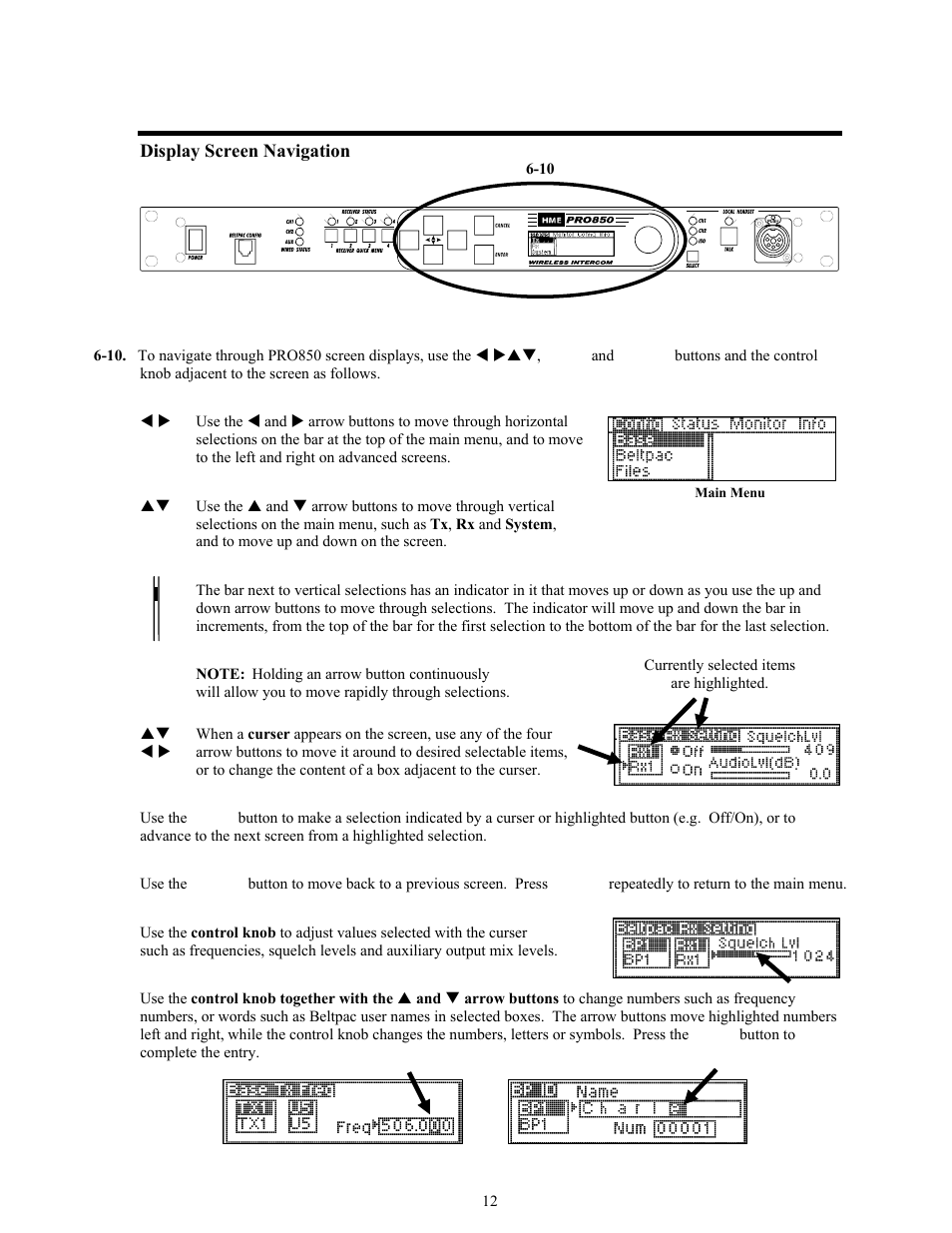 Display screen navigation | Clear-Com BS850 (Last time buy) User Manual | Page 15 / 48