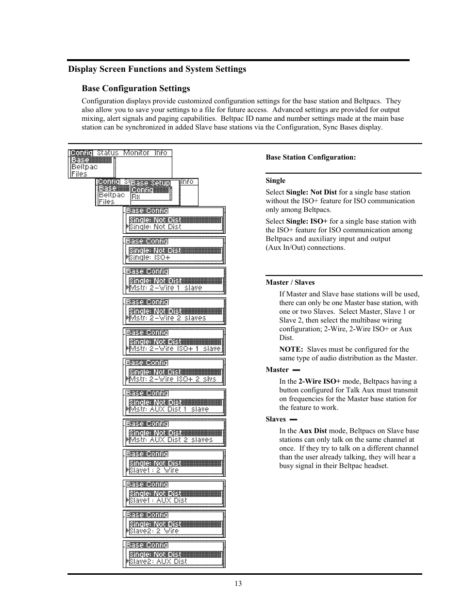 Display screen functions and system settings, Base configuration settings | Clear-Com BS850 (Last time buy) User Manual | Page 16 / 48