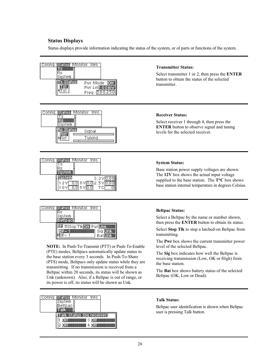 Status displays | Clear-Com BS850 (Last time buy) User Manual | Page 29 / 48