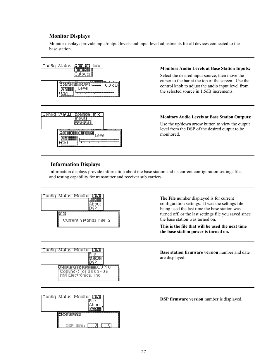 Monitor displays, Information displays | Clear-Com BS850 (Last time buy) User Manual | Page 30 / 48