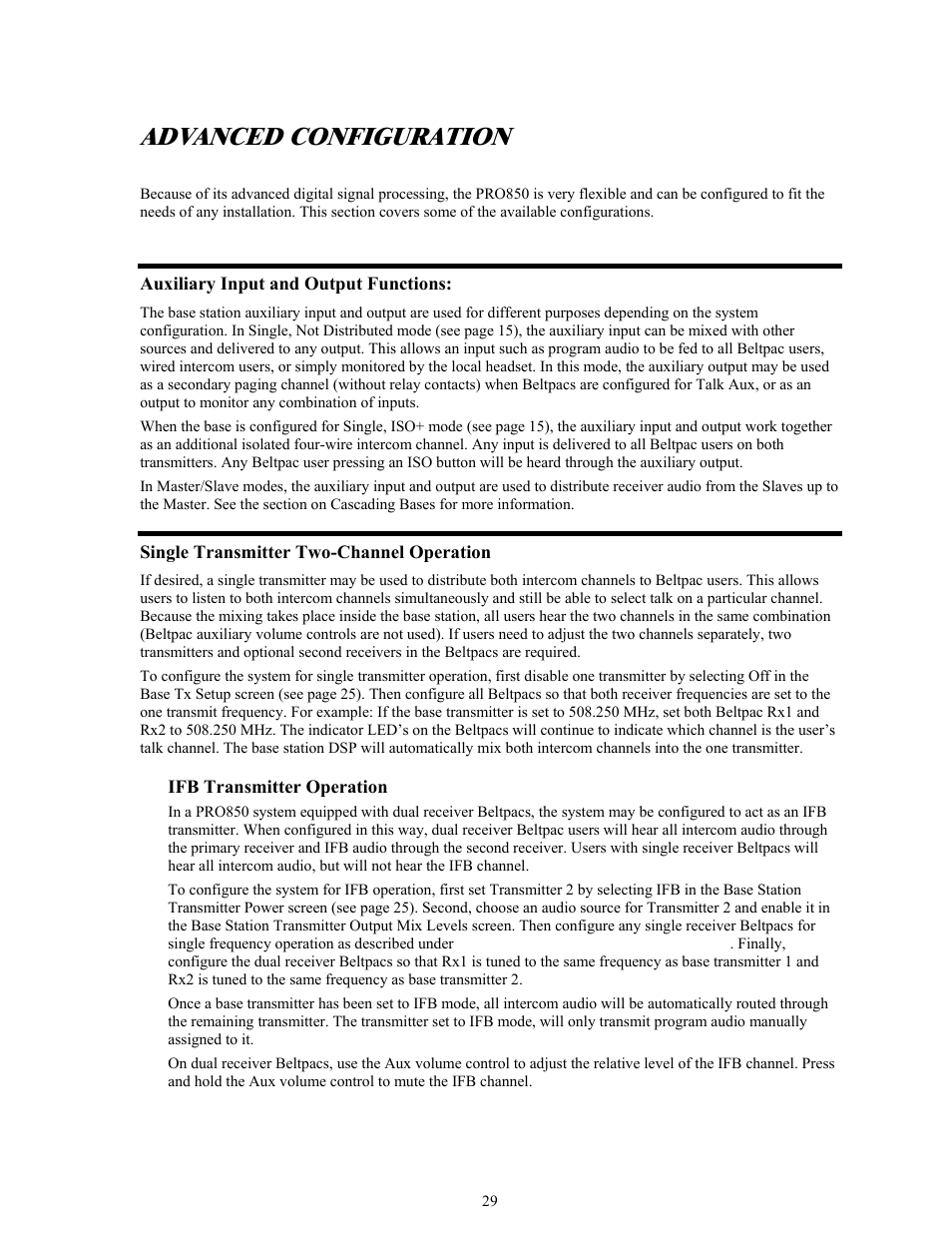 Advanced configuration, Auxiliary input and output functions, Single transmitter two-channel operation | Ifb transmitter operation | Clear-Com BS850 (Last time buy) User Manual | Page 32 / 48