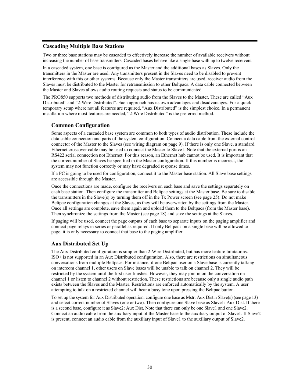 Cascading multiple base stations, Common configuration, Aux distributed set up | Clear-Com BS850 (Last time buy) User Manual | Page 33 / 48