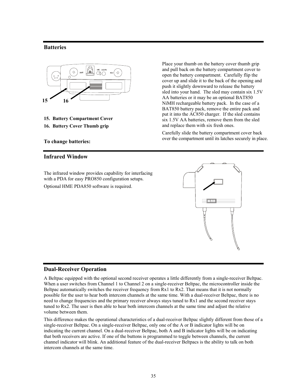 Batteries, Infrared window, Dual-receiver operation | Clear-Com BS850 (Last time buy) User Manual | Page 38 / 48