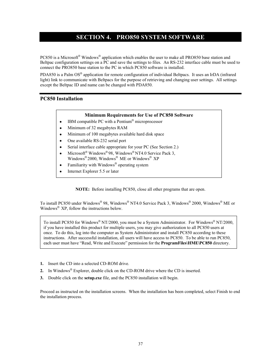 Pro850 system software, Pc850 installation, Section 4 | Minimum requirements for use of pc850 software | Clear-Com BS850 (Last time buy) User Manual | Page 40 / 48