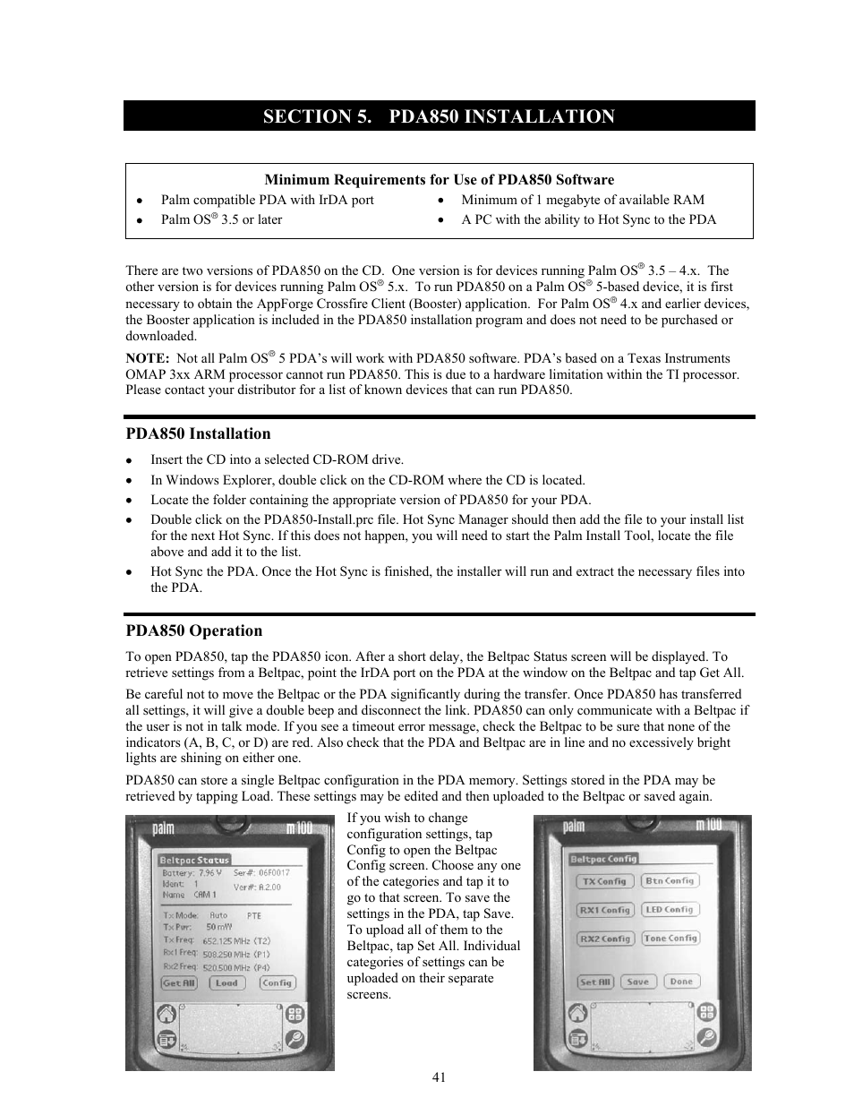 Pda850 installation, Pda850 operation, Section 5 | Clear-Com BS850 (Last time buy) User Manual | Page 44 / 48