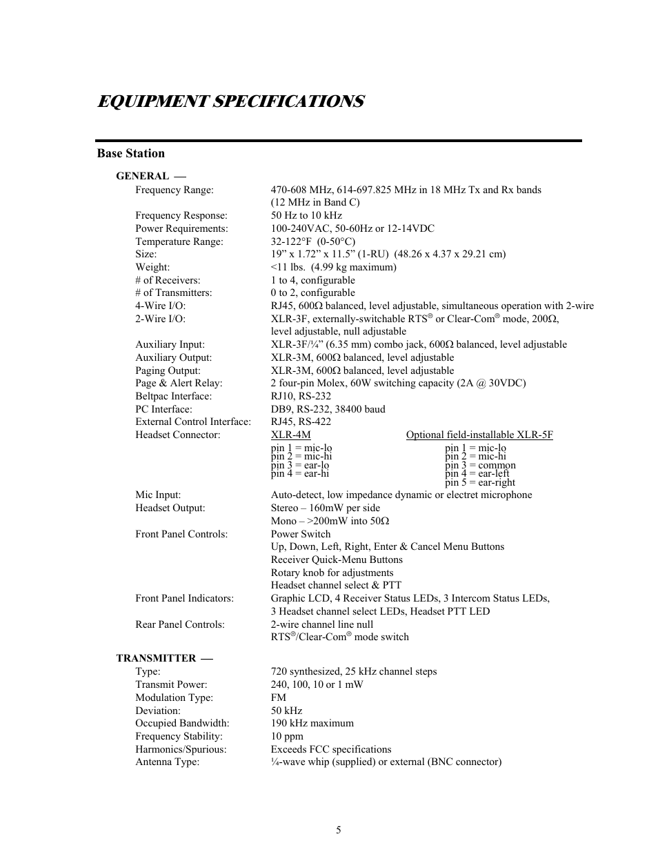 Equipment specifications, Base station | Clear-Com BS850 (Last time buy) User Manual | Page 8 / 48