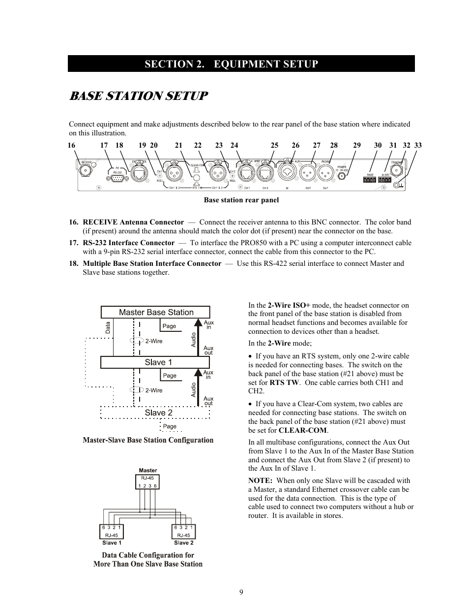 Section 2, Equipment setup, Base station setup | Clear-Com BS850 (Last time buy) User Manual | Page 12 / 50