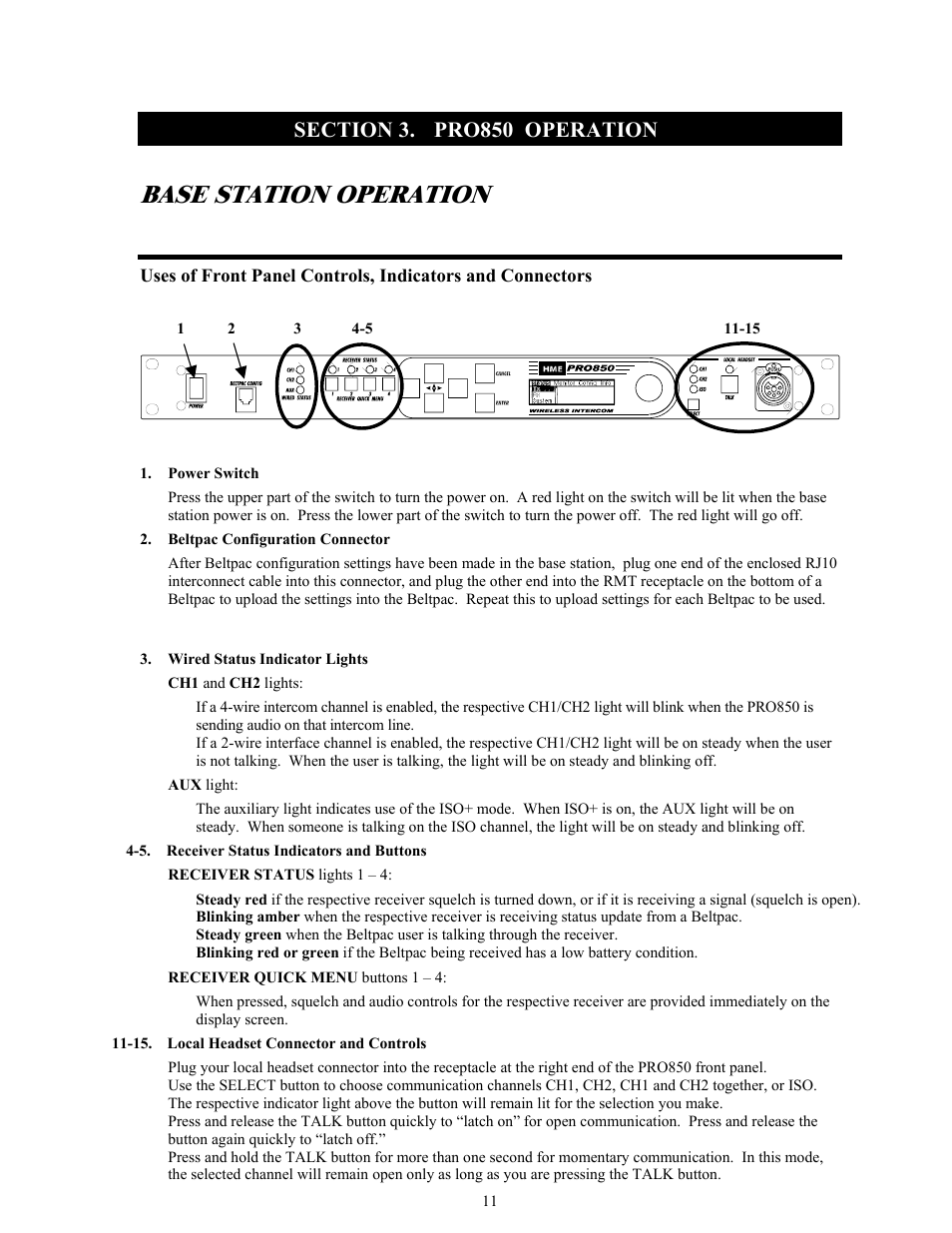 Section 3, Pro850 operation, Base station operation | Clear-Com BS850 (Last time buy) User Manual | Page 14 / 50