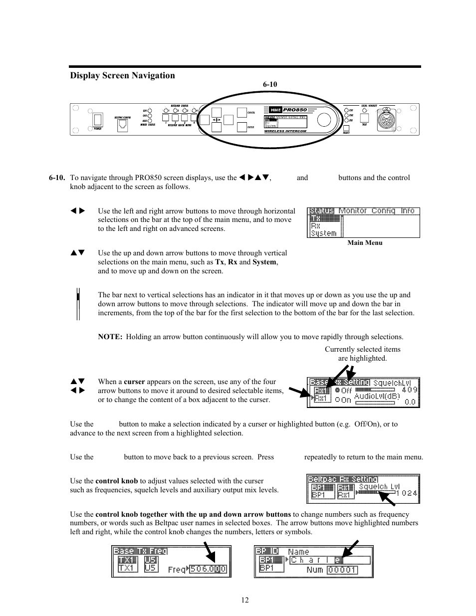 Display screen navigation | Clear-Com BS850 (Last time buy) User Manual | Page 15 / 50