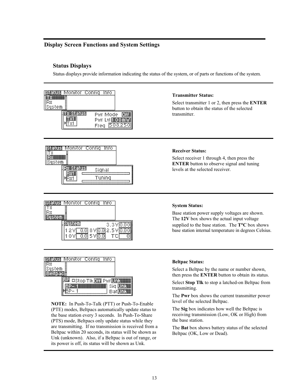 Display screen functions and system settings, Status displays | Clear-Com BS850 (Last time buy) User Manual | Page 16 / 50