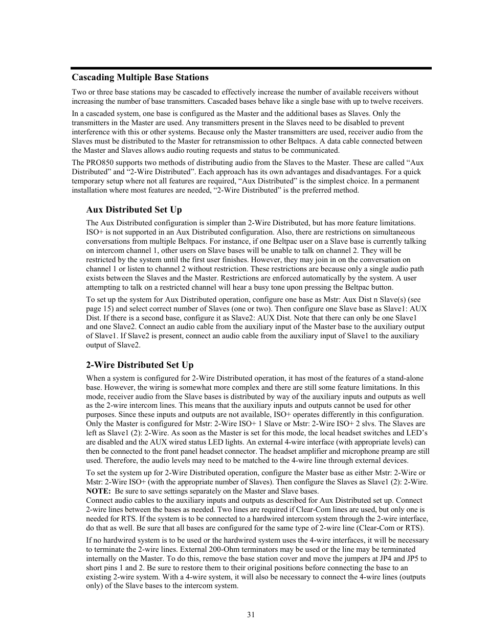 Cascading multiple base stations, Aux distributed set up, Wire distributed set up | Clear-Com BS850 (Last time buy) User Manual | Page 34 / 50