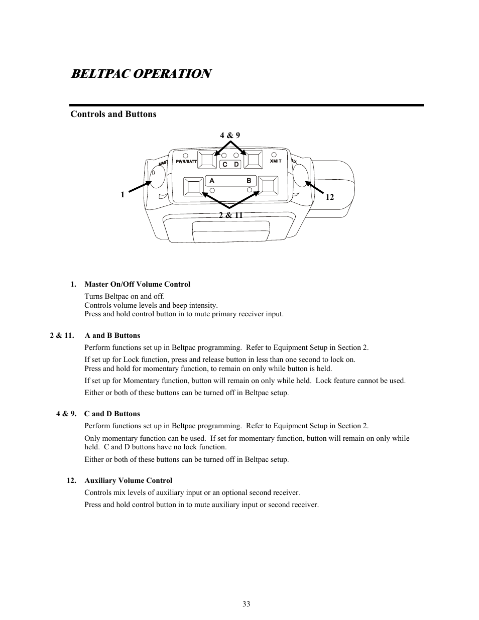 Beltpac operation, Controls and buttons | Clear-Com BS850 (Last time buy) User Manual | Page 36 / 50