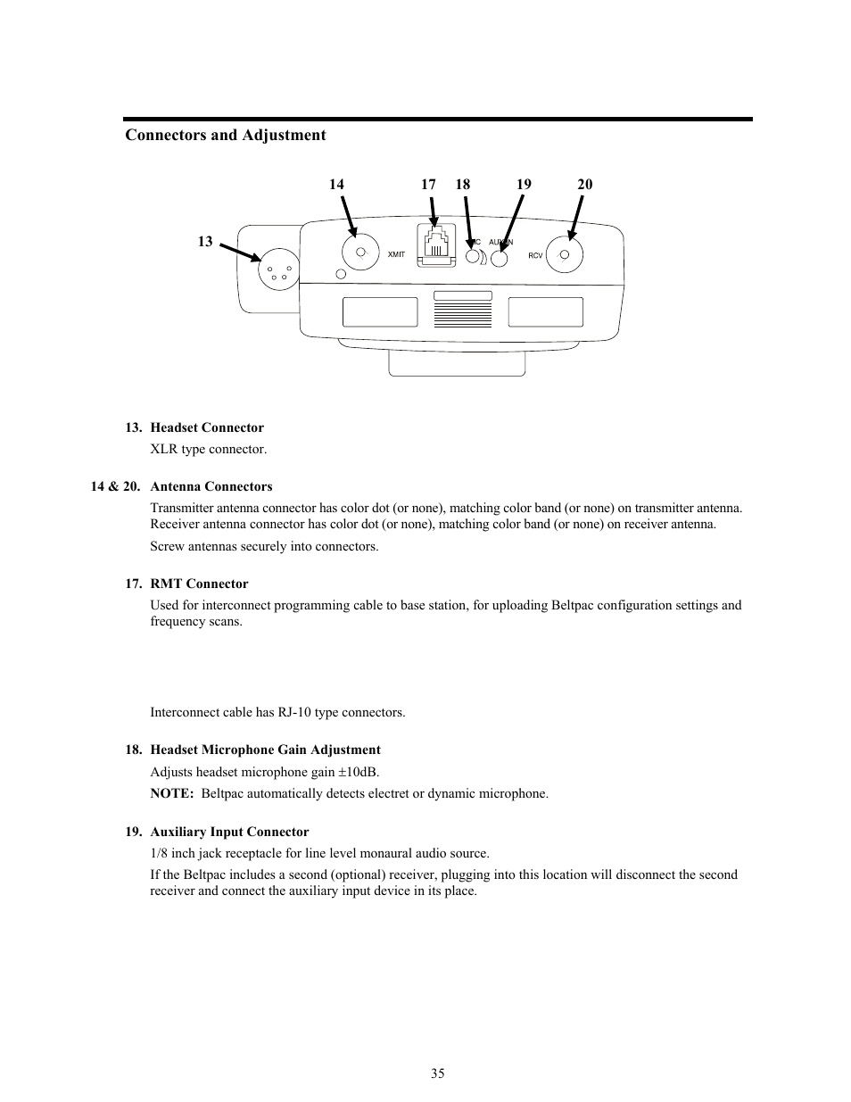 Connectors and adjustment | Clear-Com BS850 (Last time buy) User Manual | Page 38 / 50