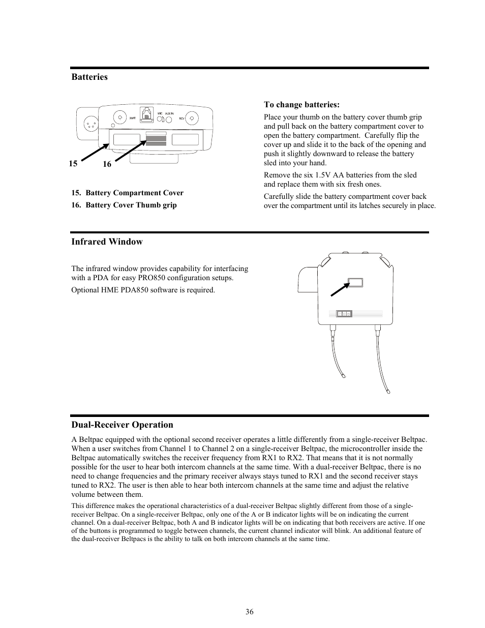 Batteries, Infrared window, Dual-receiver operation | Clear-Com BS850 (Last time buy) User Manual | Page 39 / 50