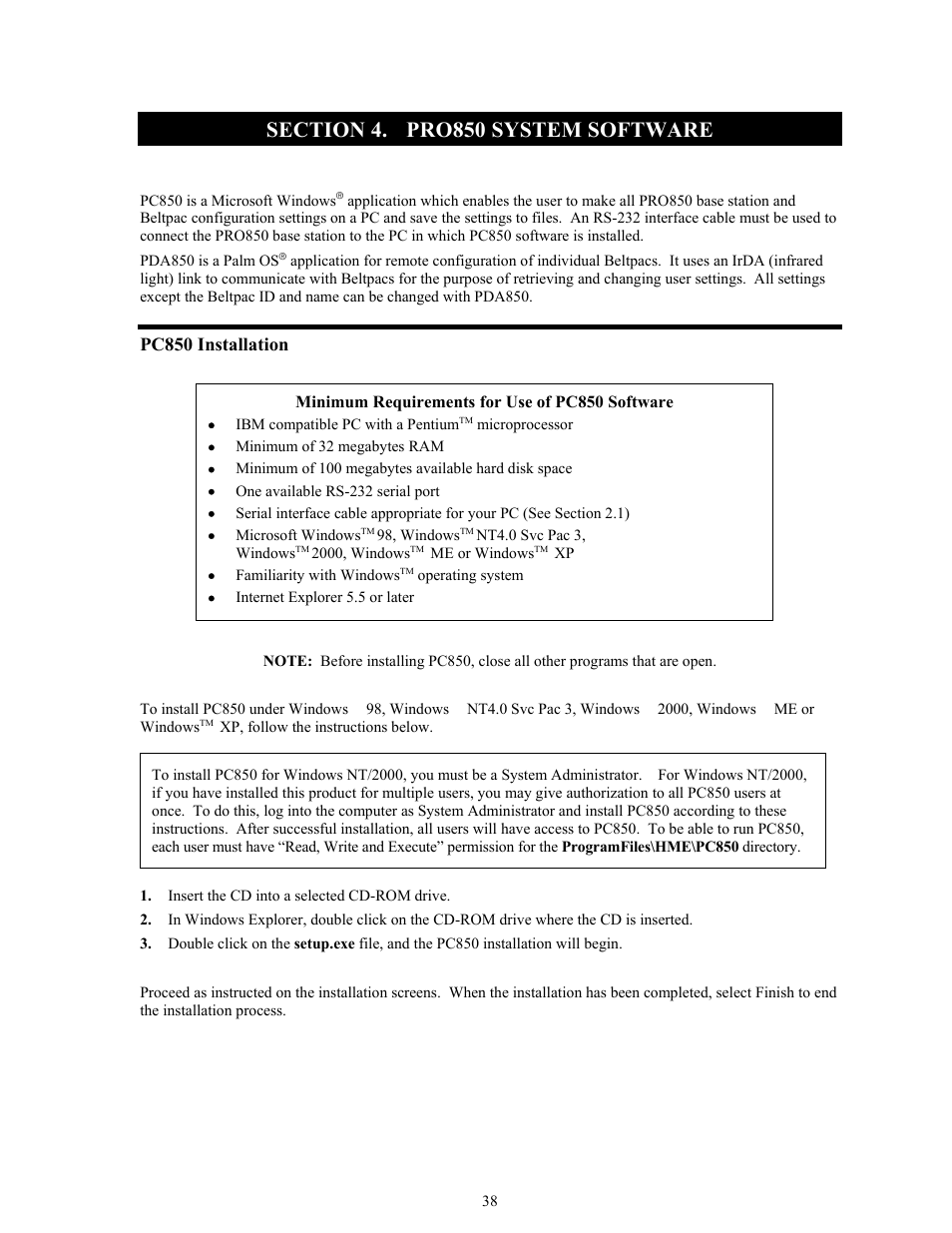 Section 4, Pro850 system software, Pc850 installation | Clear-Com BS850 (Last time buy) User Manual | Page 41 / 50