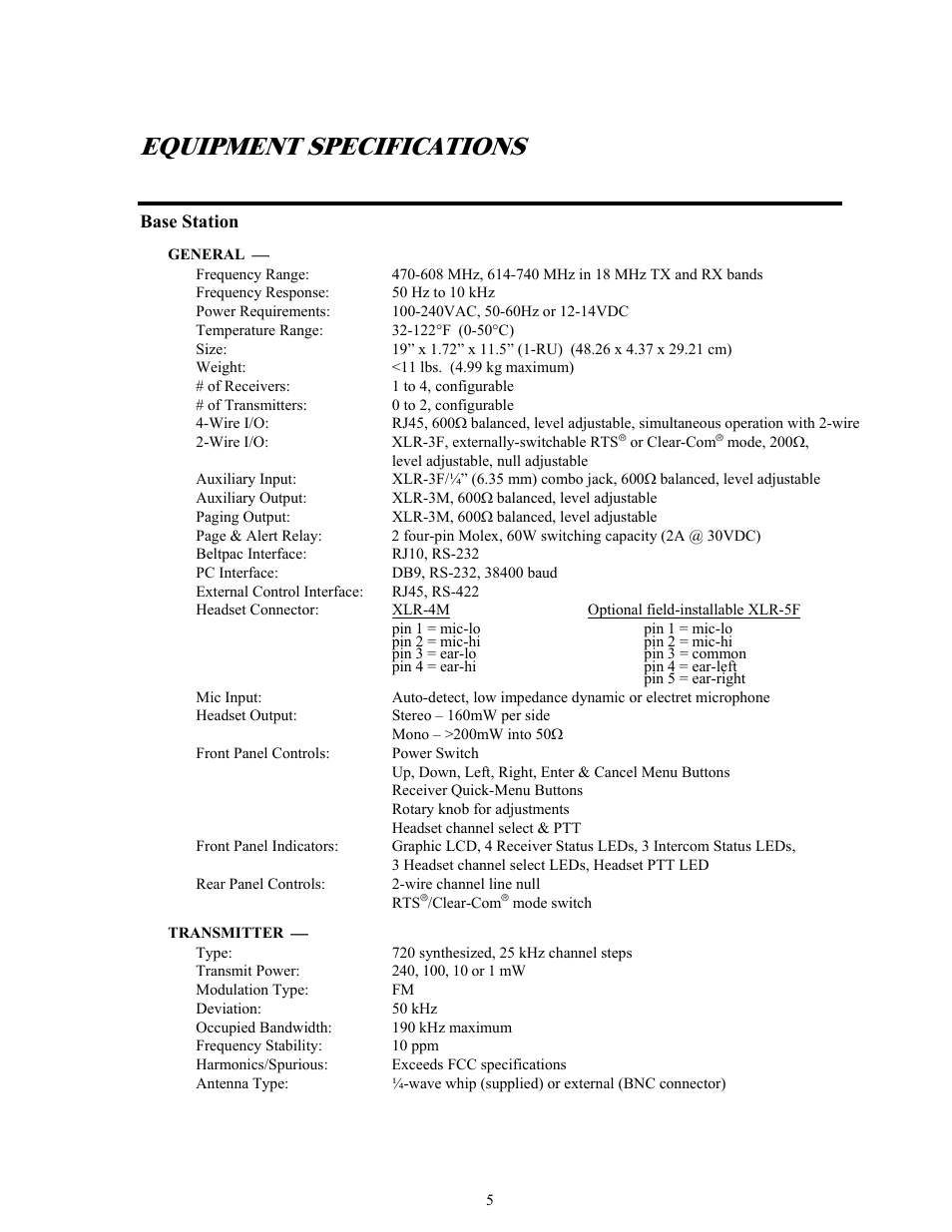 Equipment specifications, Base station | Clear-Com BS850 (Last time buy) User Manual | Page 8 / 50