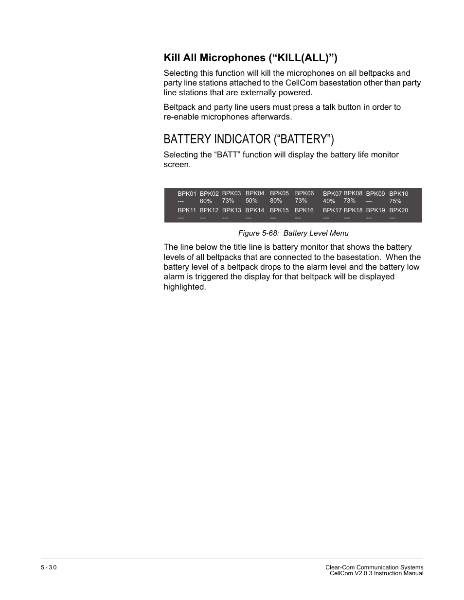 Kill all microphones (“kill(all)”), Battery indicator (“battery”), Kill all microphones (“kill(all)”) -30 | Battery indicator (“battery”) -30, Figure 5-68 battery level menu -30 | Clear-Com CellCom Battery Pack Charger User Manual | Page 100 / 217