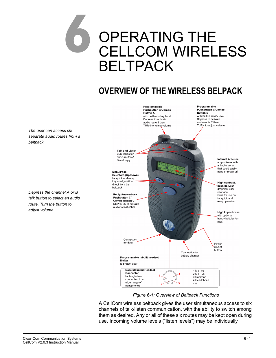 Operating the cellcom wireless beltpack, Overview of the wireless belpack, Operating the cellcom wireless beltpack 6-1 | Overview of the wireless belpack -1, Figure 6-1 overview of beltpack functions -1 | Clear-Com CellCom Battery Pack Charger User Manual | Page 101 / 217