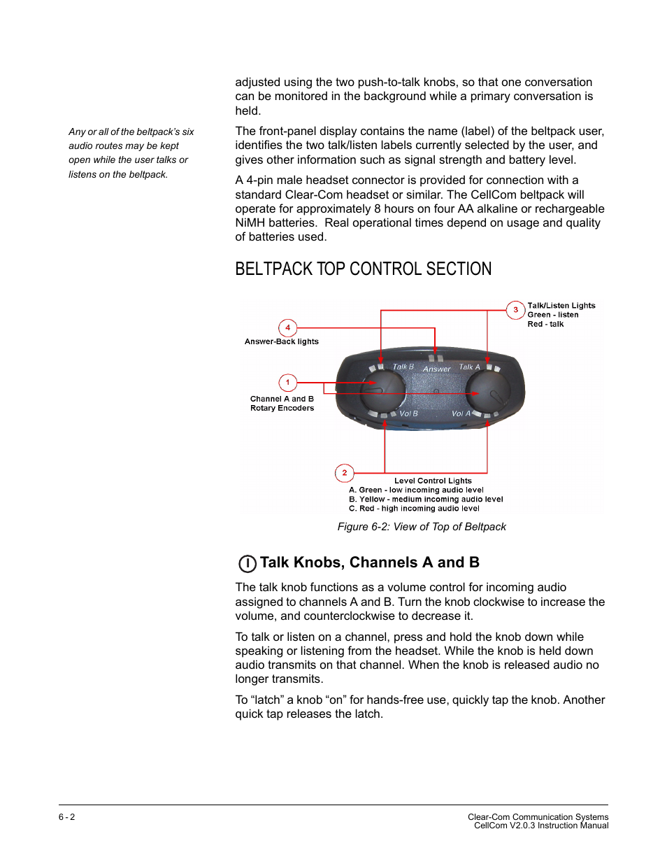 Beltpack top control section, Talk knobs, channels a and b, Beltpack top control section -2 | Talk knobs, channels a and b -2, Figure 6-2 view of top of beltpack -2 | Clear-Com CellCom Battery Pack Charger User Manual | Page 102 / 217