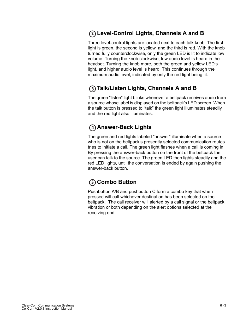 Level-control lights, channels a and b, Talk/listen lights, channels a and b, Answer-back lights | Combo button | Clear-Com CellCom Battery Pack Charger User Manual | Page 103 / 217