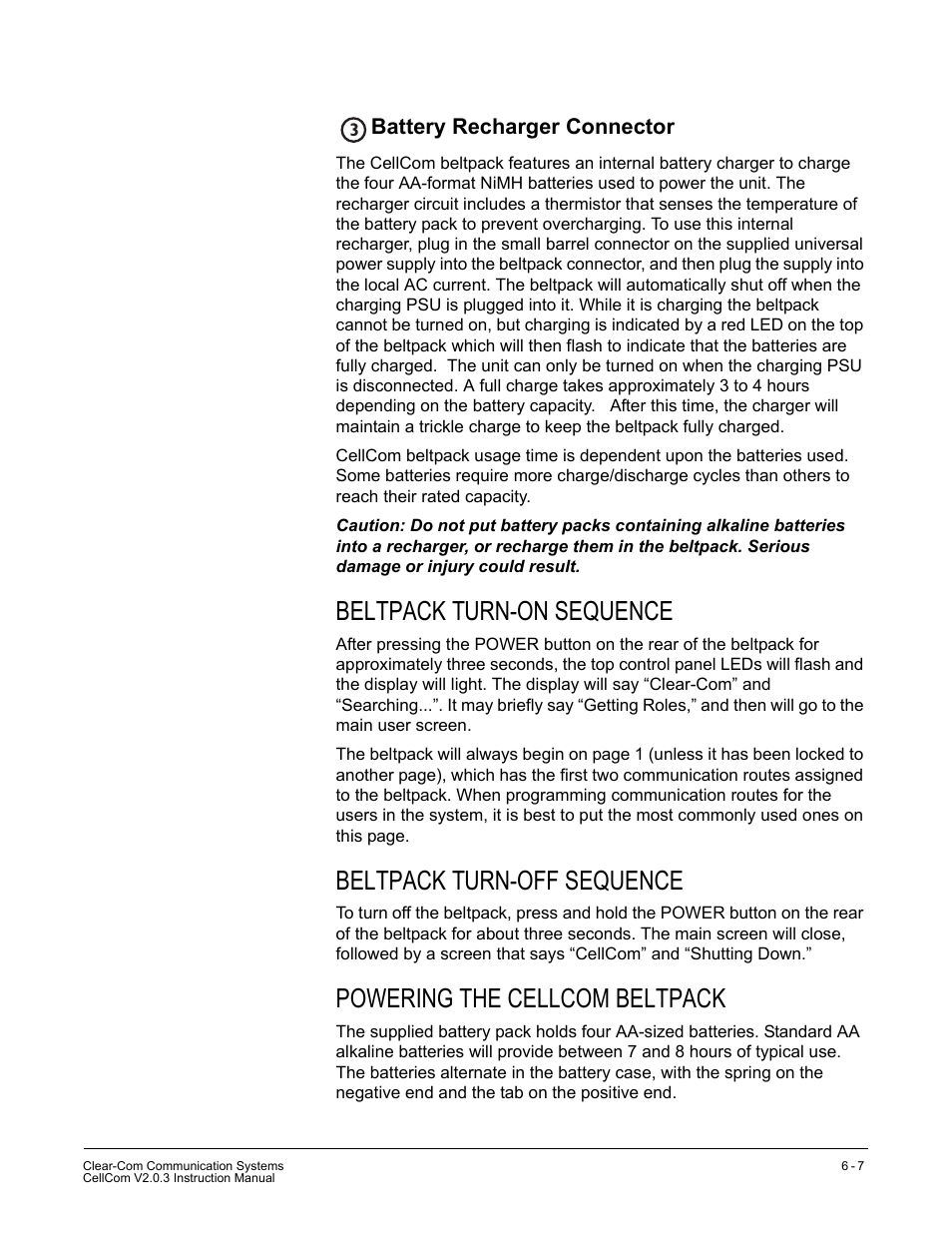 Battery recharger connector, Beltpack turn-on sequence, Beltpack turn-off sequence | Powering the cellcom beltpack, Battery recharger connector -7 | Clear-Com CellCom Battery Pack Charger User Manual | Page 107 / 217