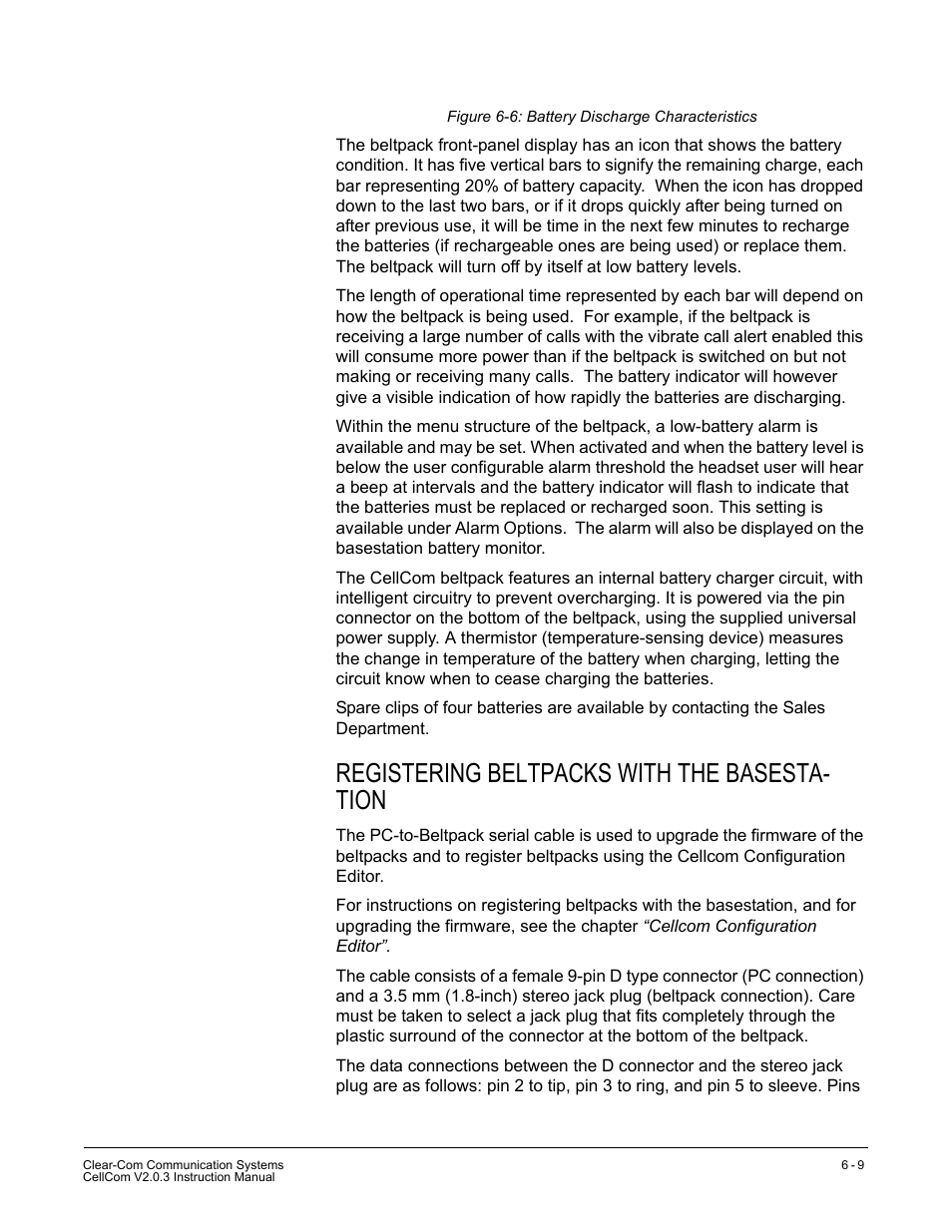 Registering beltpacks with the basestation, Registering beltpacks with the basestation -9, Figure 6-6 battery discharge characteristics -9 | Registering beltpacks with the basesta- tion | Clear-Com CellCom Battery Pack Charger User Manual | Page 109 / 217