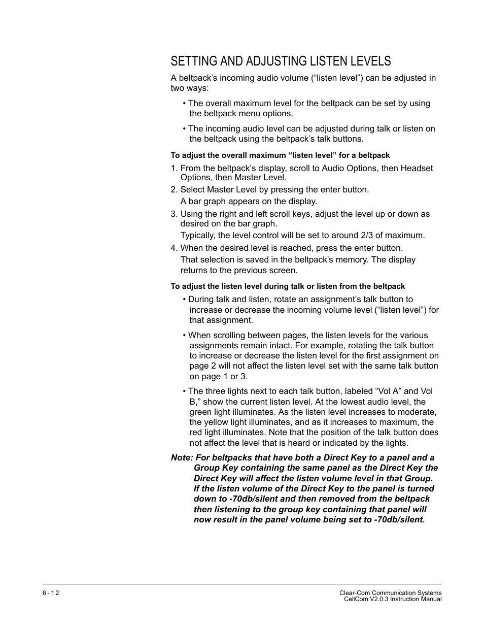 Setting and adjusting listen levels, Setting and adjusting listen levels -12 | Clear-Com CellCom Battery Pack Charger User Manual | Page 112 / 217