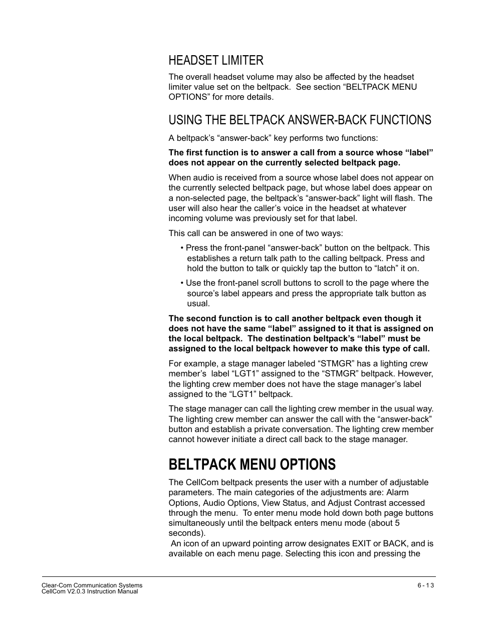 Headset limiter, Using the beltpack answer-back functions, Beltpack menu options | Beltpack menu options -13 | Clear-Com CellCom Battery Pack Charger User Manual | Page 113 / 217