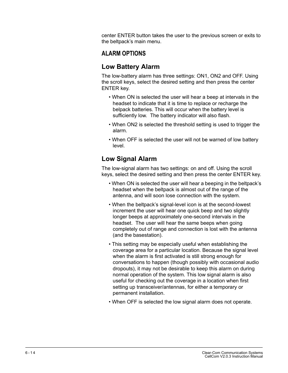 Alarm options, Low battery alarm, Low signal alarm | Alarm options -14, Low battery alarm -14 low signal alarm -14, Alarm options low battery alarm | Clear-Com CellCom Battery Pack Charger User Manual | Page 114 / 217