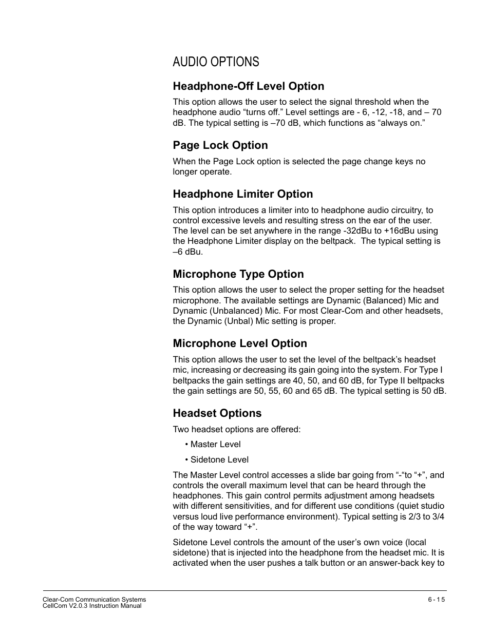 Audio options, Headphone-off level option, Headphone limiter option | Microphone type option, Microphone level option, Headset options, Audio options -15 | Clear-Com CellCom Battery Pack Charger User Manual | Page 115 / 217