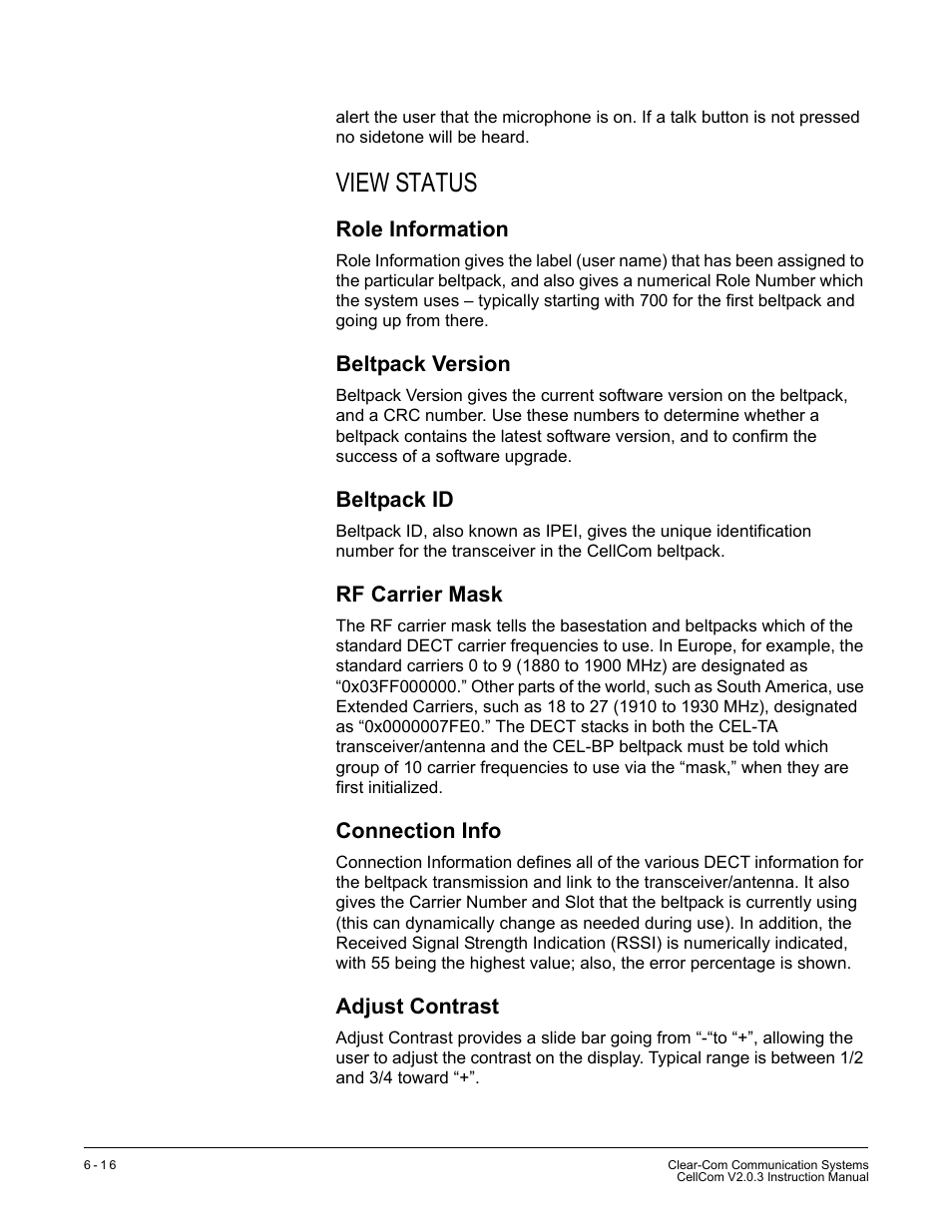 View status, Role information, Beltpack version | Beltpack id, Rf carrier mask, Connection info, Adjust contrast, View status -16 | Clear-Com CellCom Battery Pack Charger User Manual | Page 116 / 217