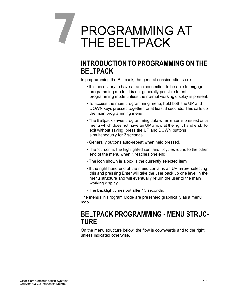 Programming at the beltpack, Introduction to programming on the beltpack, Beltpack programming - menu structure | Programming at the beltpack -1 | Clear-Com CellCom Battery Pack Charger User Manual | Page 117 / 217