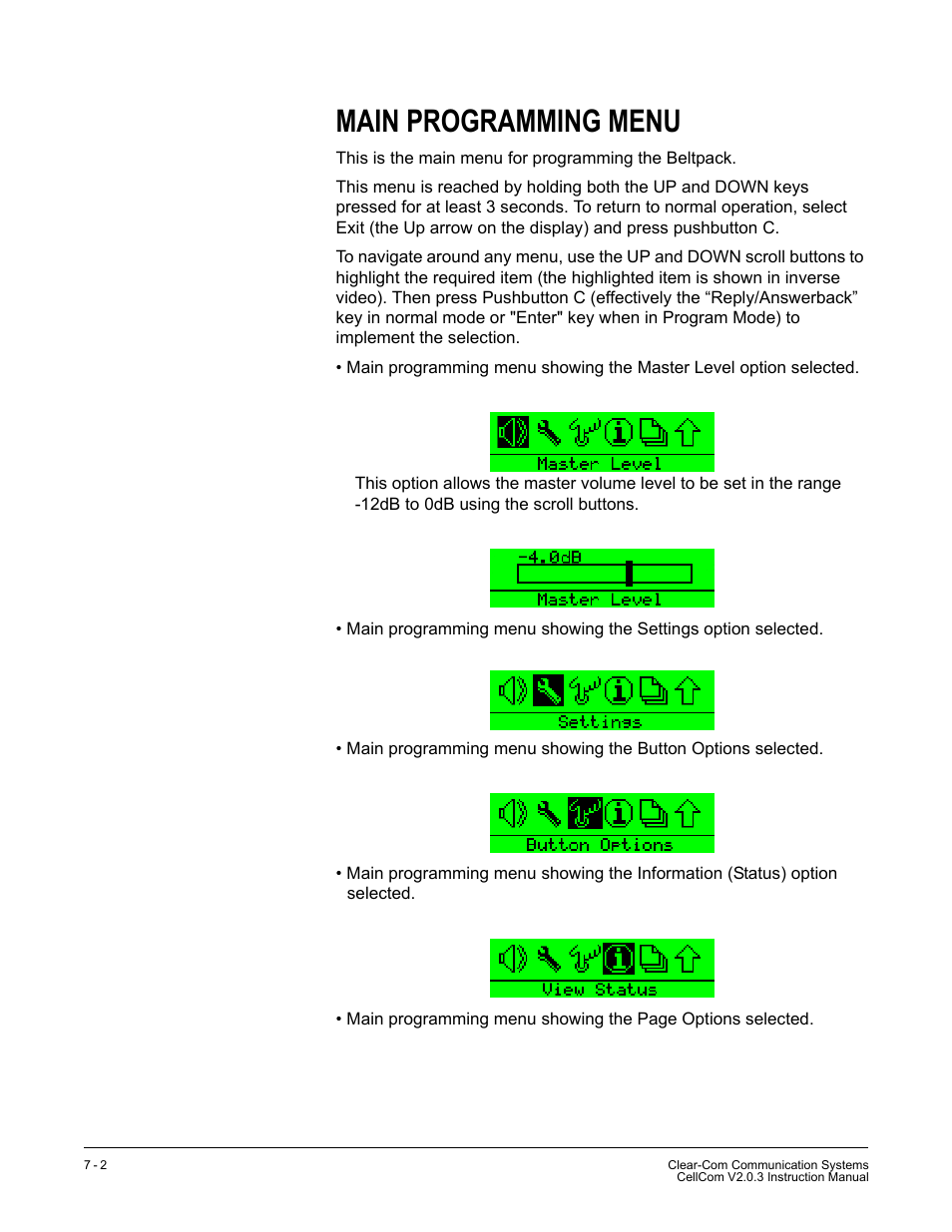 Main programming menu, Main programming menu -2 | Clear-Com CellCom Battery Pack Charger User Manual | Page 118 / 217