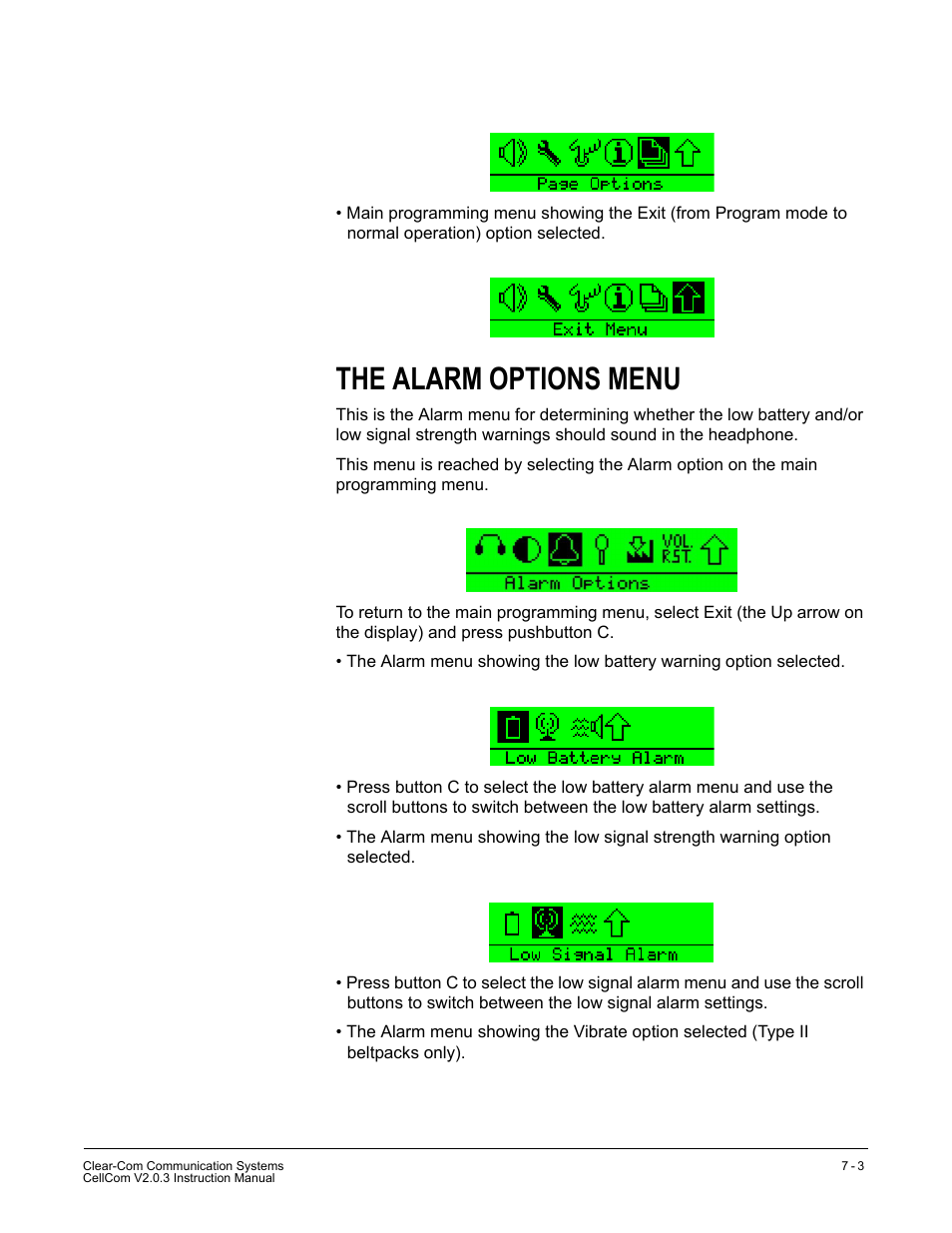 The alarm options menu, The alarm options menu -3 | Clear-Com CellCom Battery Pack Charger User Manual | Page 119 / 217