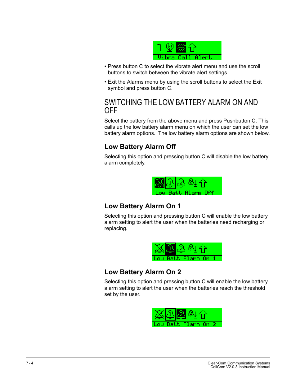 Switching the low battery alarm on and off, Low battery alarm off, Low battery alarm on 1 | Low battery alarm on 2, Switching the low battery alarm on and off -4 | Clear-Com CellCom Battery Pack Charger User Manual | Page 120 / 217