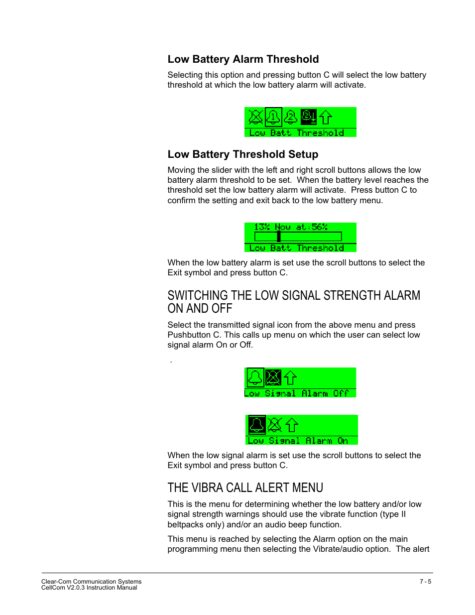 Low battery alarm threshold, Low battery threshold setup, Switching the low signal strength alarm on and off | The vibra call alert menu | Clear-Com CellCom Battery Pack Charger User Manual | Page 121 / 217