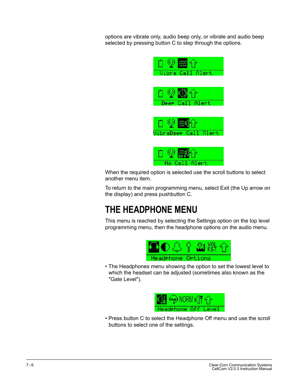 The headphone menu, The headphone menu -6 | Clear-Com CellCom Battery Pack Charger User Manual | Page 122 / 217